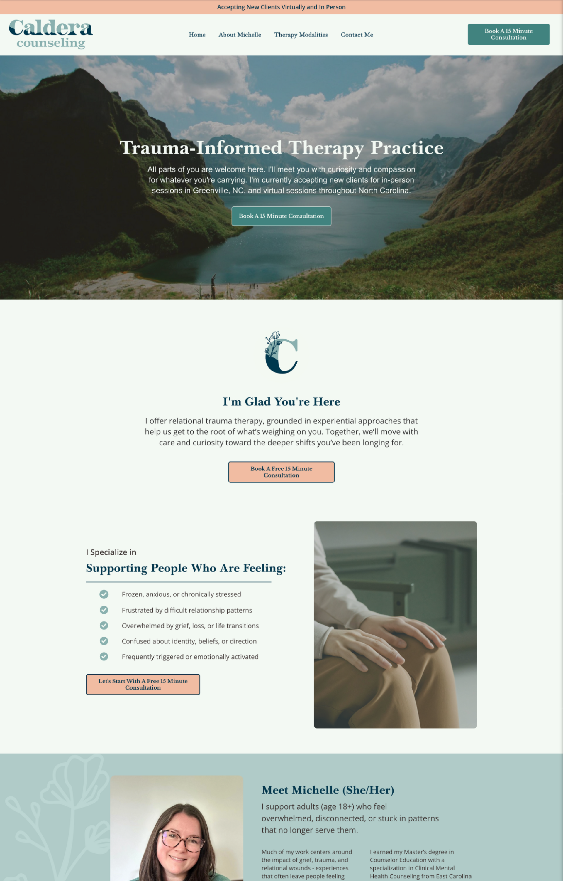 Website promoting trauma-informed therapy practice, featuring mountains, lake, and a therapist.