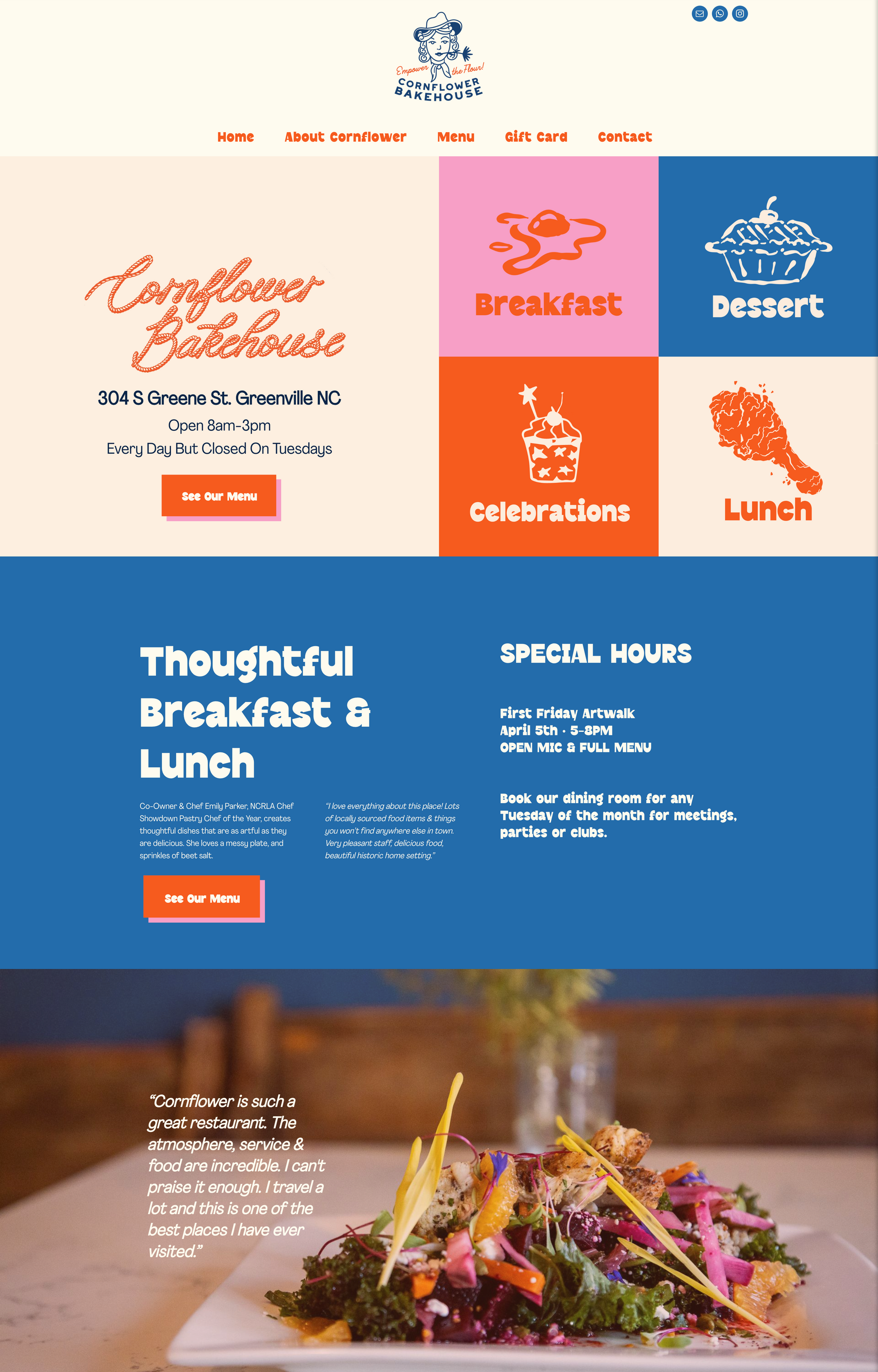 Website homepage for a restaurant; colorful design with menu options: breakfast, dessert, lunch, celebrations; salad photo.