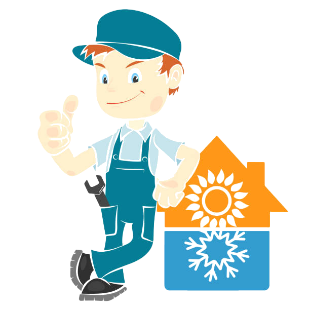 A cartoon of a man giving a thumbs up next to a house with a sun and snowflake on it.