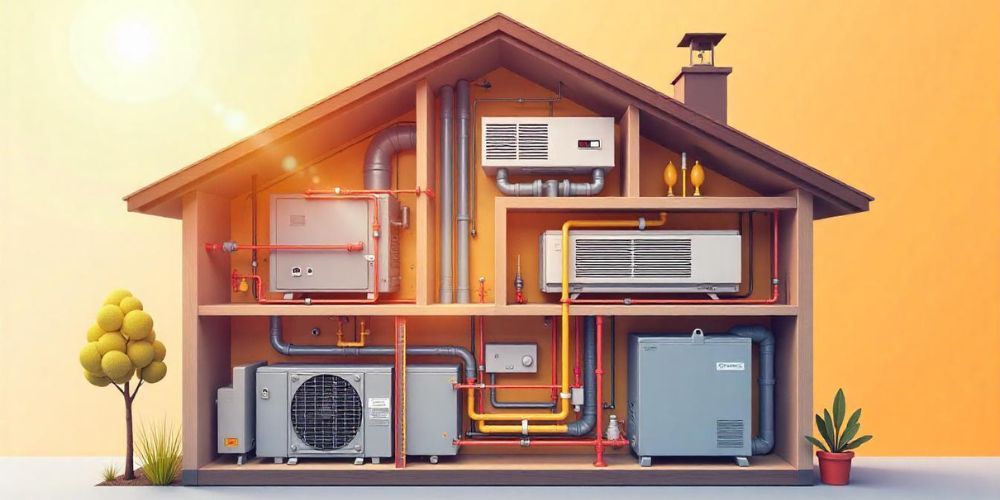 Diagram of residential HVAC system with labeled components including thermostat, furnace, air handle