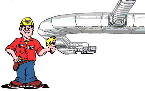 A cartoon of a man standing next to a Air Duct holding a tool.