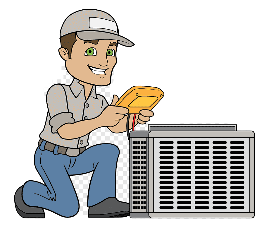 A cartoon of a man working on an air conditioner.