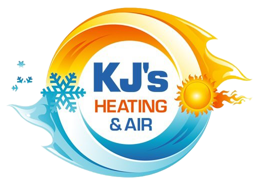 A logo for kj 's heating and air with a sun and snowflake