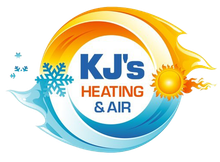 A logo for kj 's heating and air with a sun and snowflake
