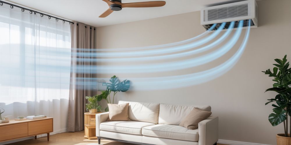 Modern room with ceiling fan, unblocked air vents, and visible ERV system to enhance airflow and ventilation