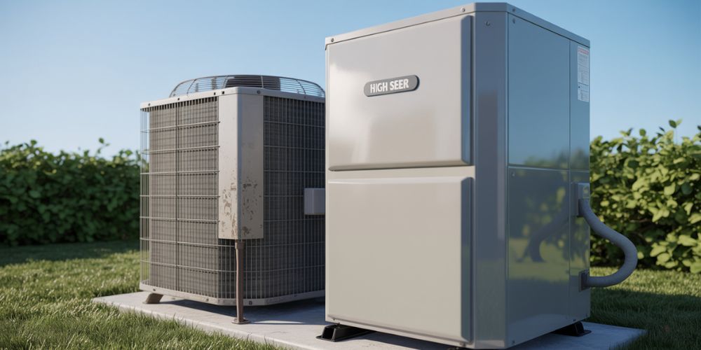 Old AC unit next to a high-efficiency SEER-rated AC system