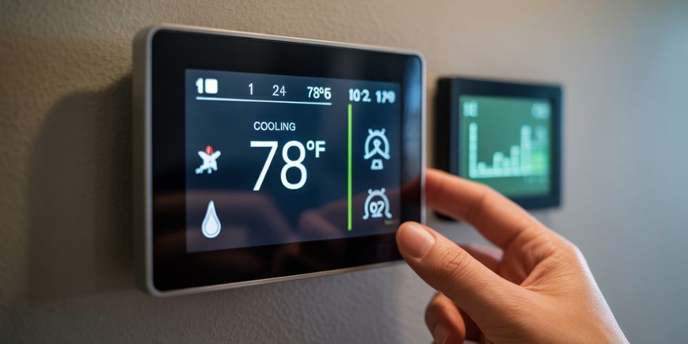 Smart thermostat set to 78°F in summer mode, showing energy-saving indicators