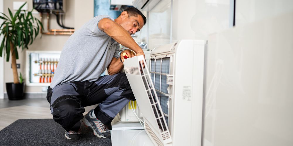 Technician cleaning the air filter of a heat pump to ensure optimal airflow.