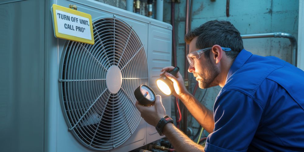 Technician inspecting evaporator coil for leaks