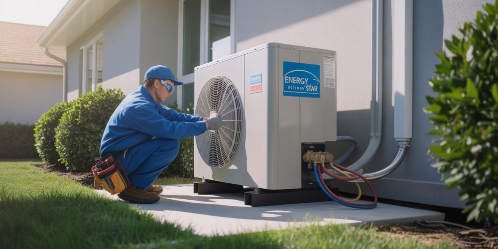 Technician installing an ENERGY STAR®-certified HVAC unit, representing energy-efficient equipment selection