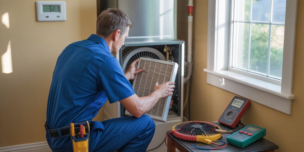 Technician performing routine HVAC maintenance tasks like filter replacement and coil cleaning