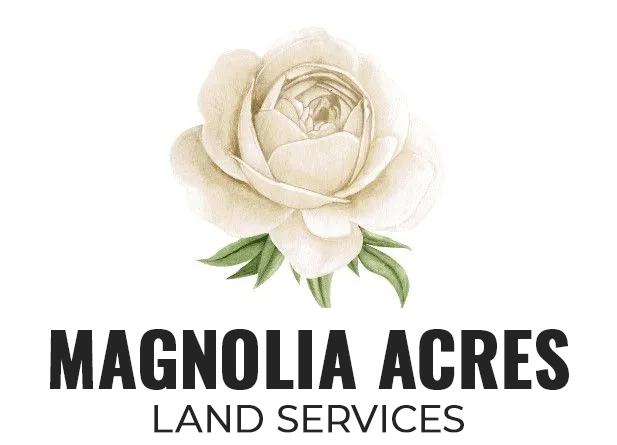 Logo: watercolor white rose above "MAGNOLIA ACRES" and "LAND SERVICES" in dark gray.