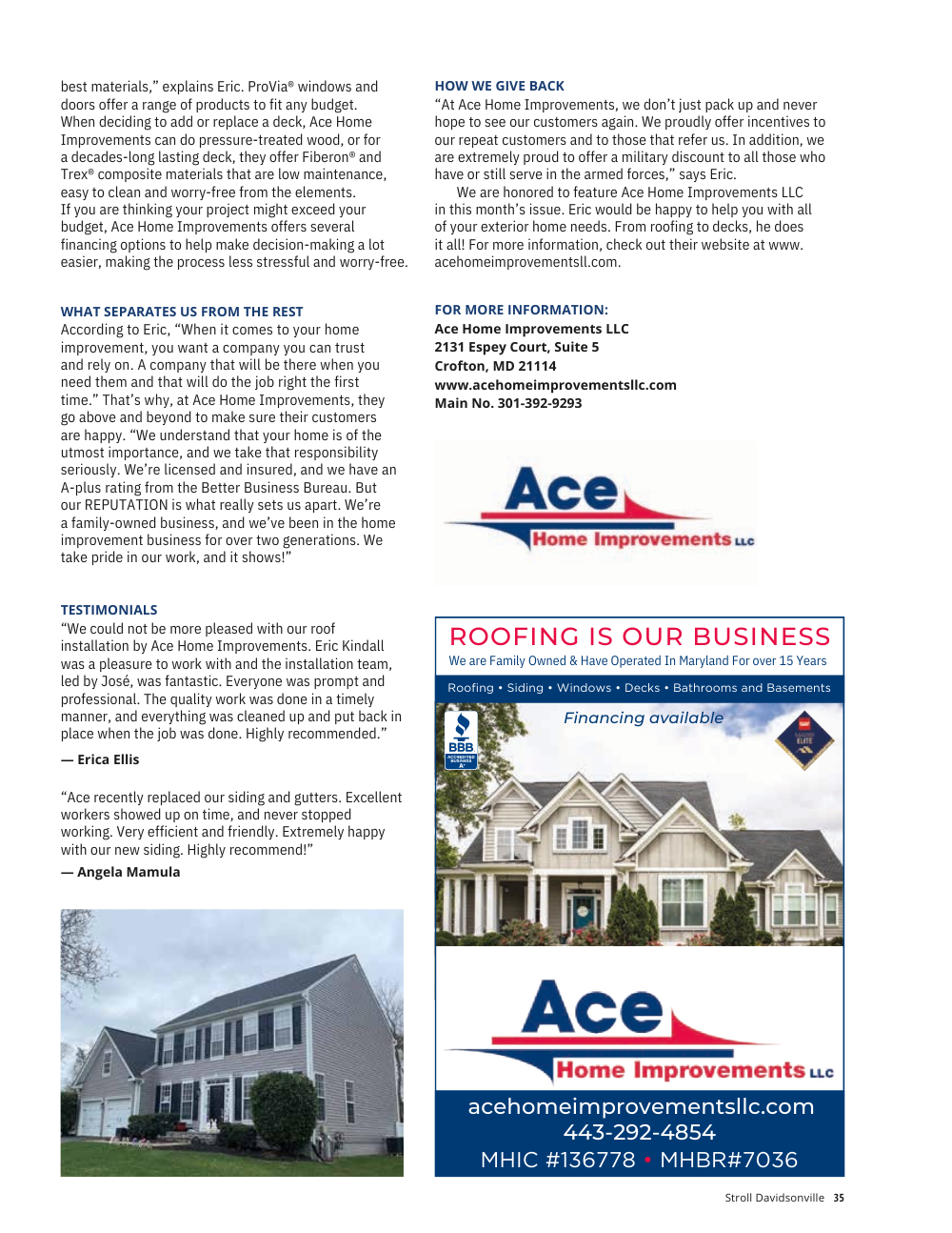 There is a picture of a house and an advertisement for ace roofing.