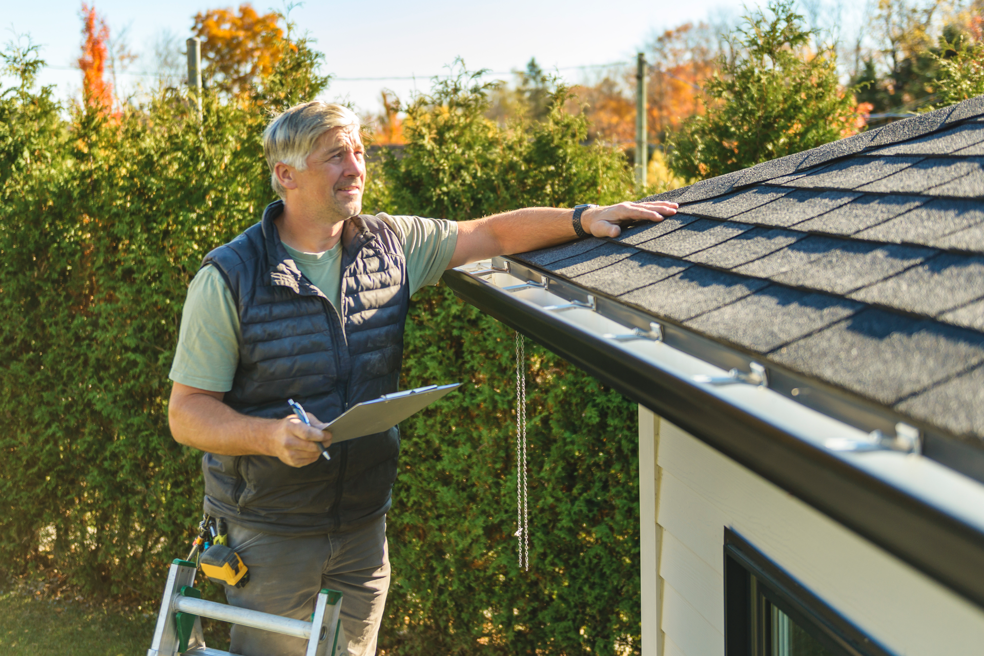 man on ladder doing roof inspection
