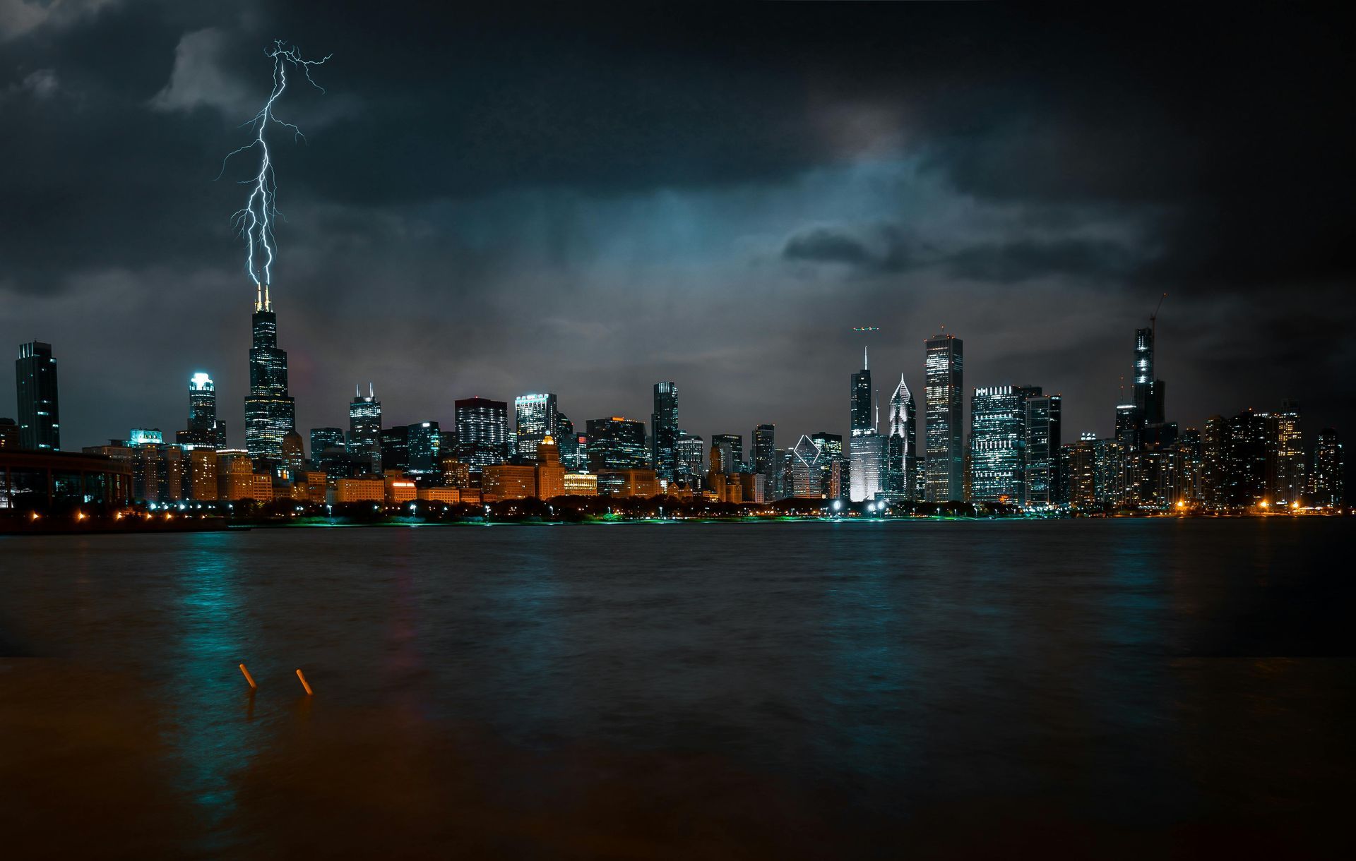 stormy weather with lightening hitting building in Chicago