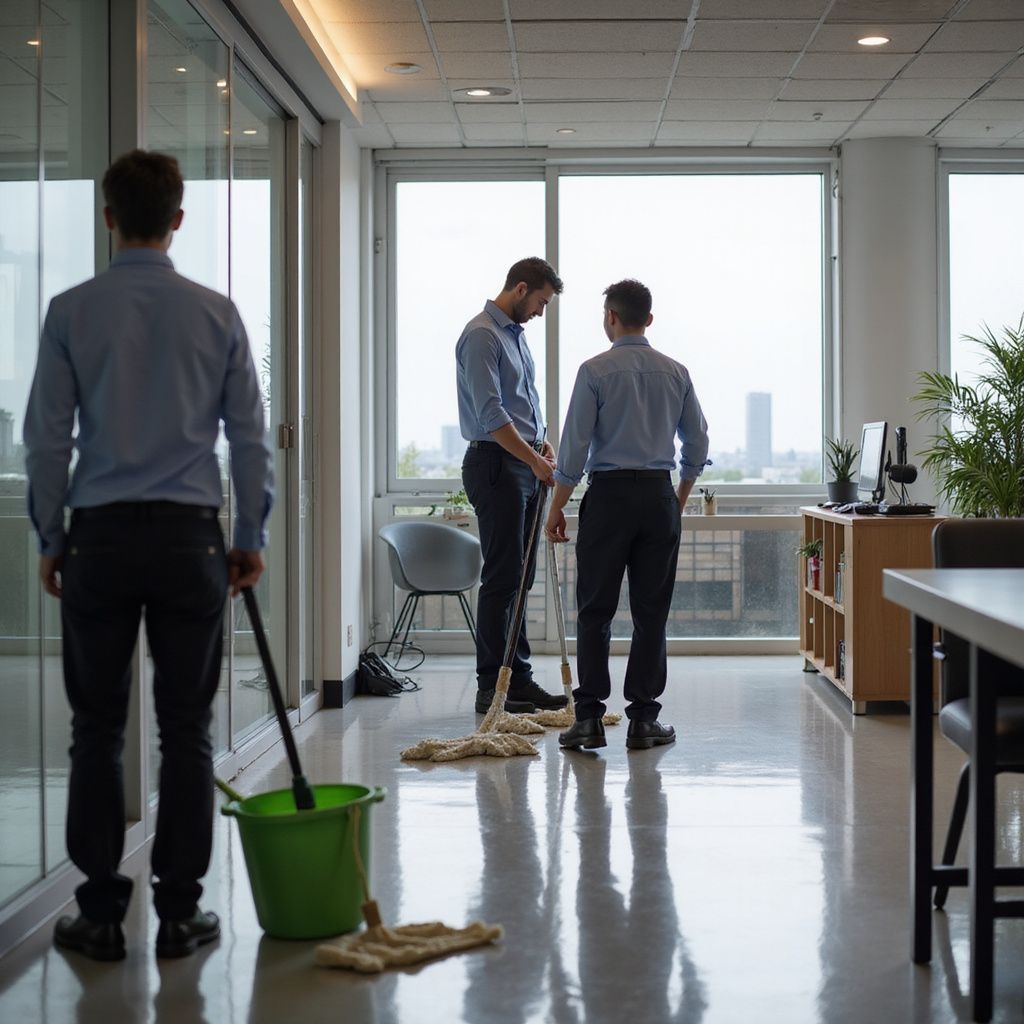 Three men mopping an office floor. Two are talking, one looks on. Bright, modern office setting.