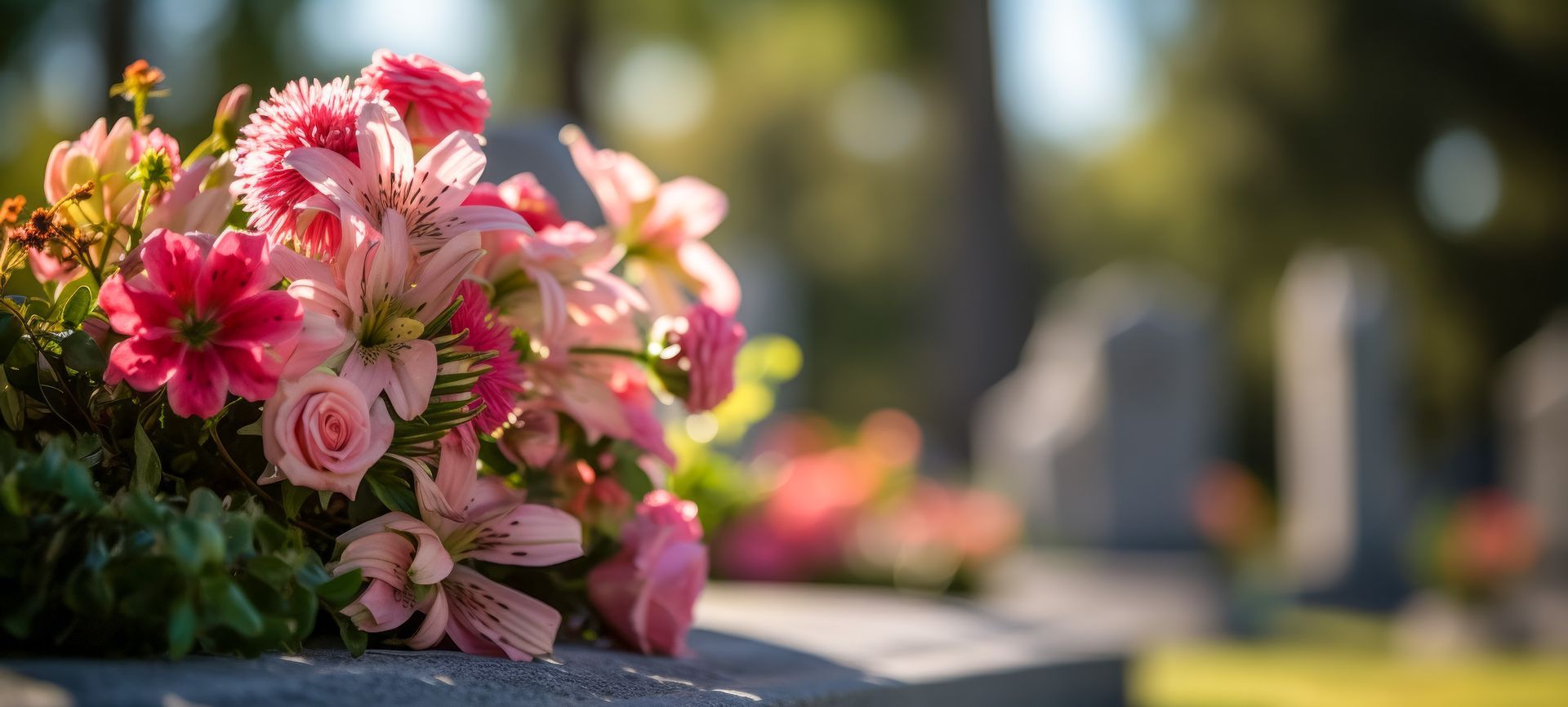 Blumenstrauß auf Grabstein