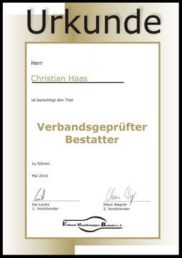 Urkunde Verbandsgeprüfter Bestatter