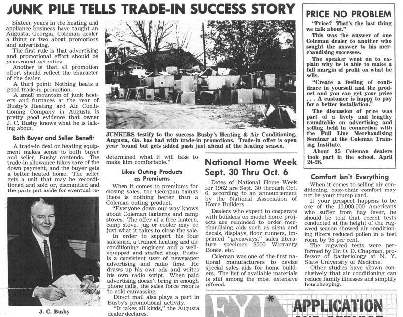 Scan of the 1962 Coleman Bonded Line Bulletin article about J.C. Busby and trade-in promotions.
