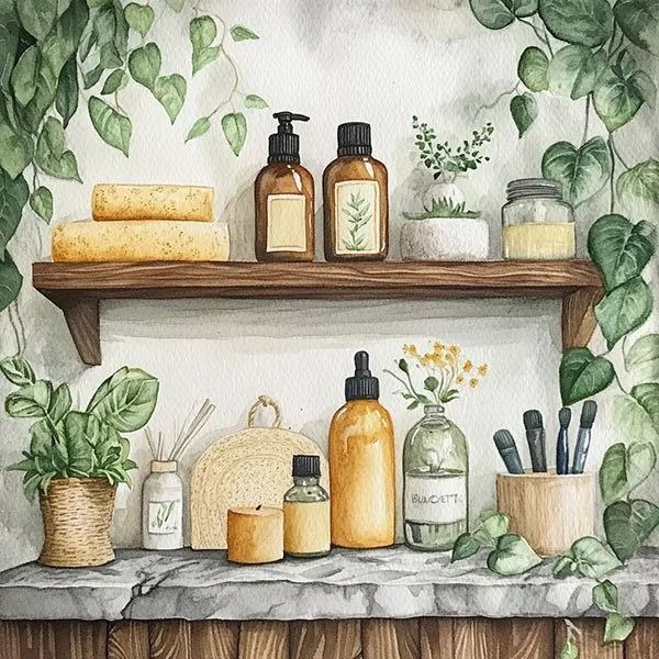 Watercolor shelf with candles, jars, bottles, and potted herbs framed by leafy greenery