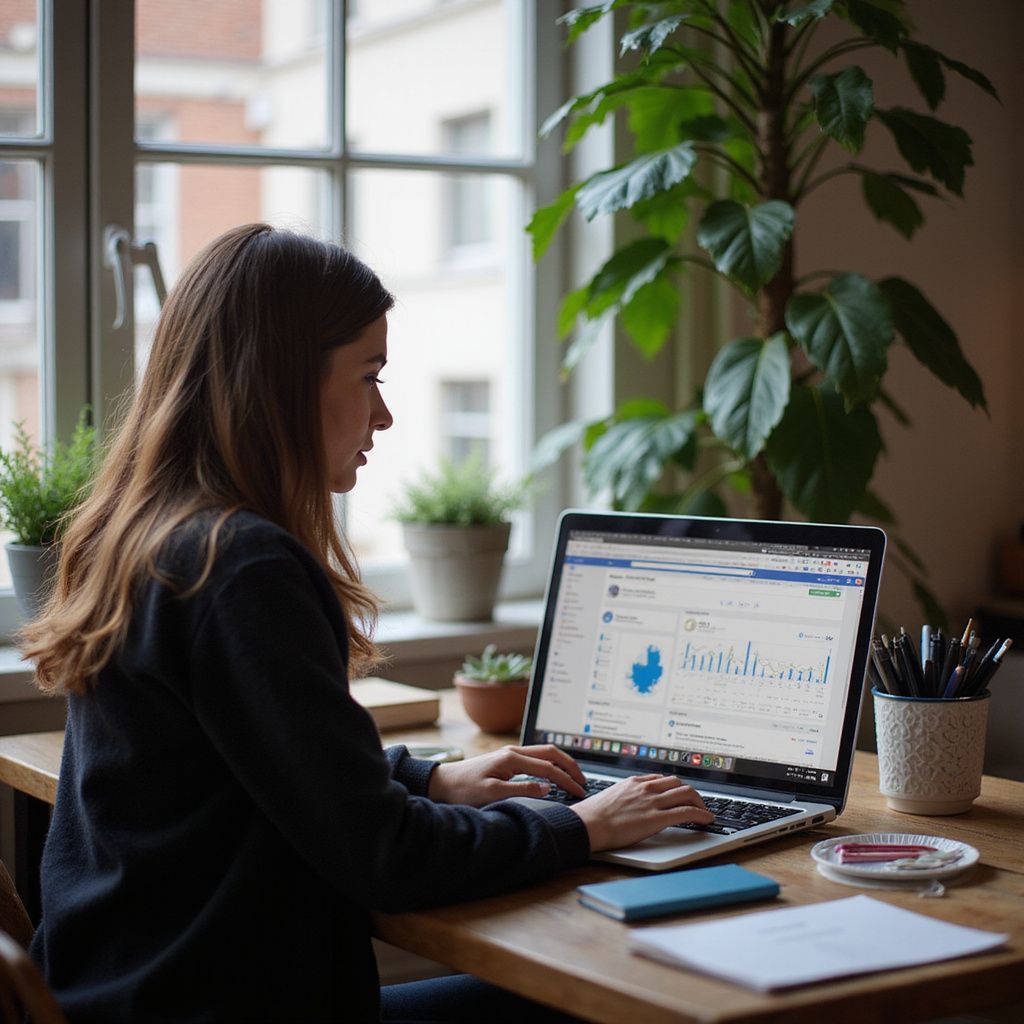 Woman working on a laptop at a wooden desk near a window, analyzing charts.