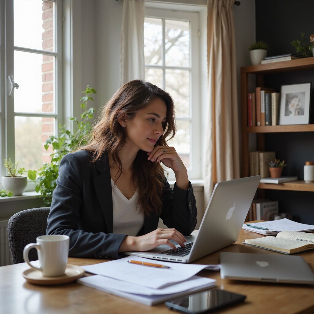 Woman working on laptop at desk in a well-lit home office, papers and a mug on the table.