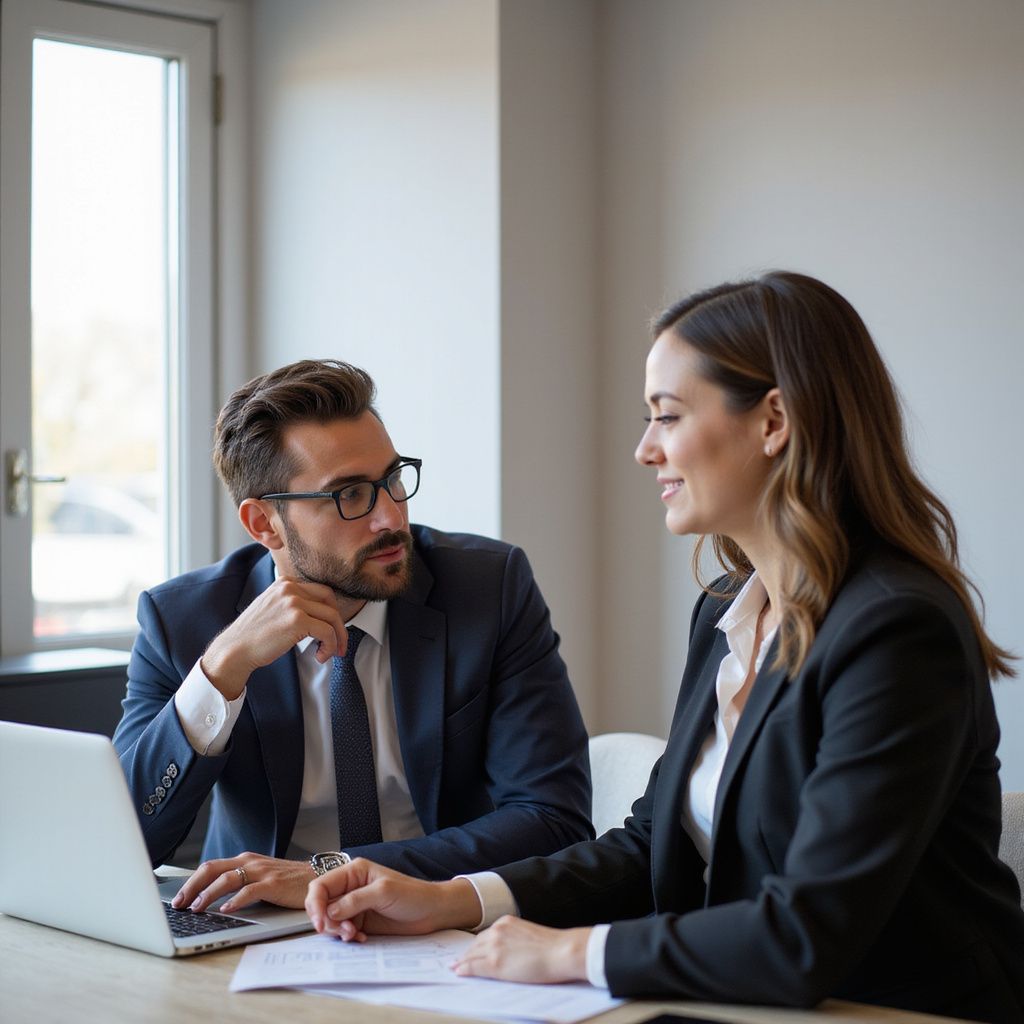 Man in suit looks at laptop, woman in suit smiles while sitting at a table with him.