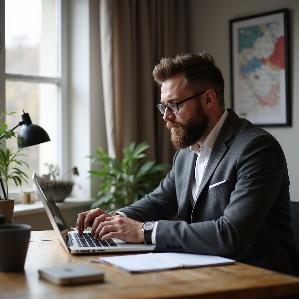 Man in glasses and suit types on a laptop at a desk near a window, with plants and a framed picture.