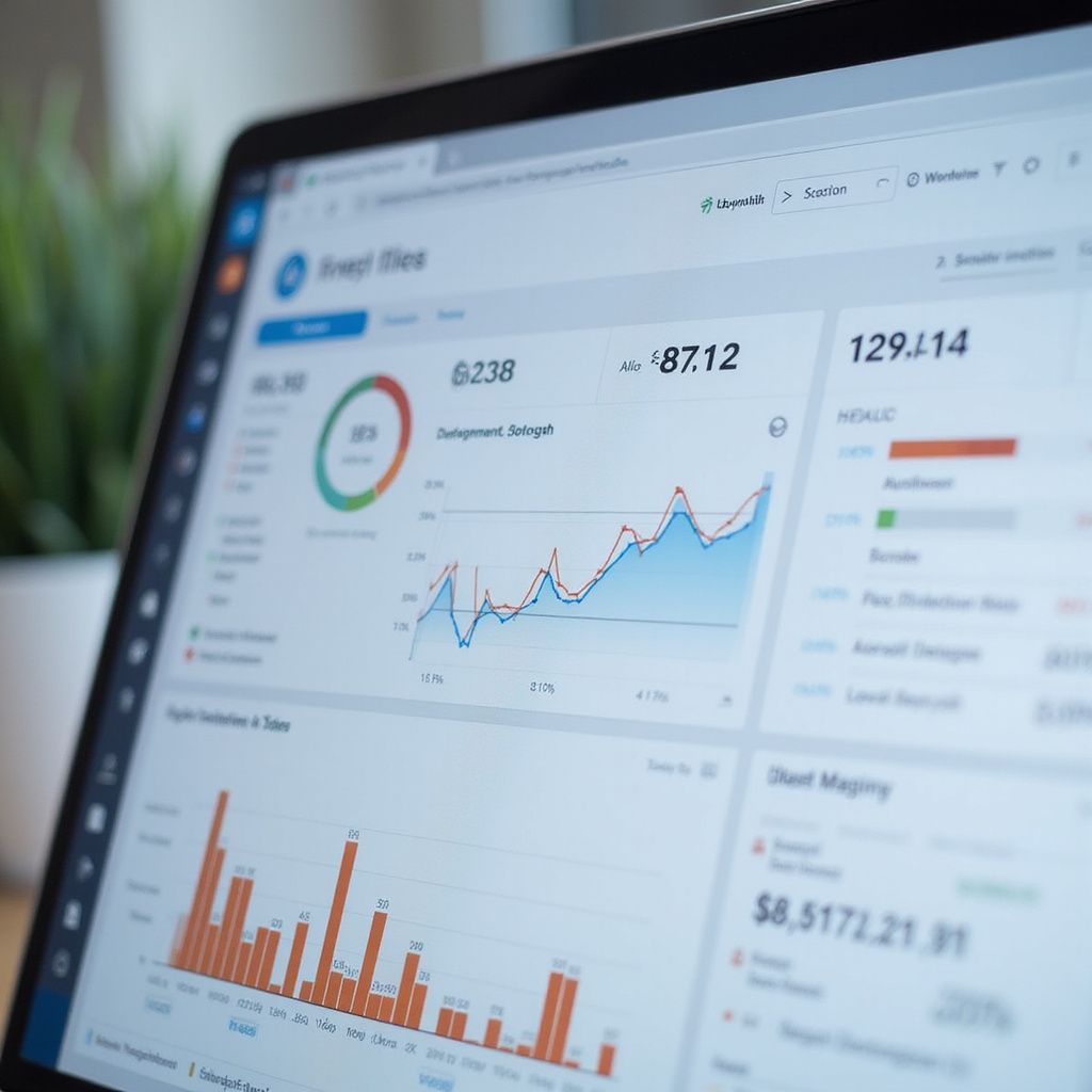 Laptop screen displaying various data visualizations, including charts and graphs.