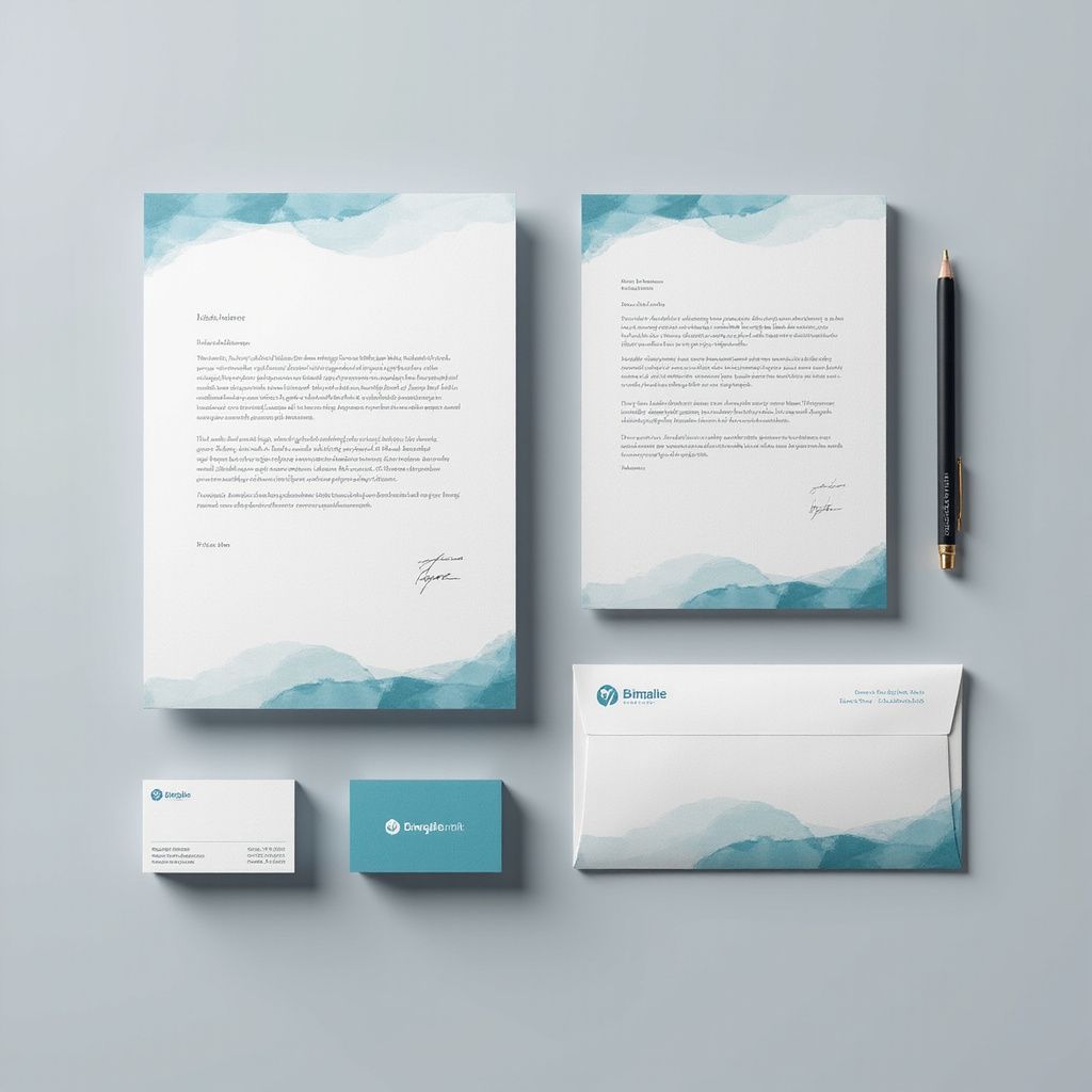 Stationery set: Letterheads, business cards, and envelope with blue watercolor design, arranged on gray surface.