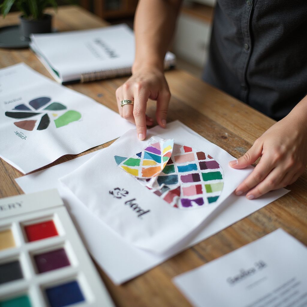 Person pointing to a colorful paper design on a table with paint swatches and other papers.