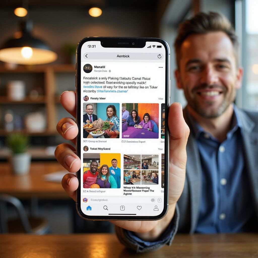 Man holding a phone, smiling. Instagram feed visible: multiple posts with people, text, and images. Cafe setting.