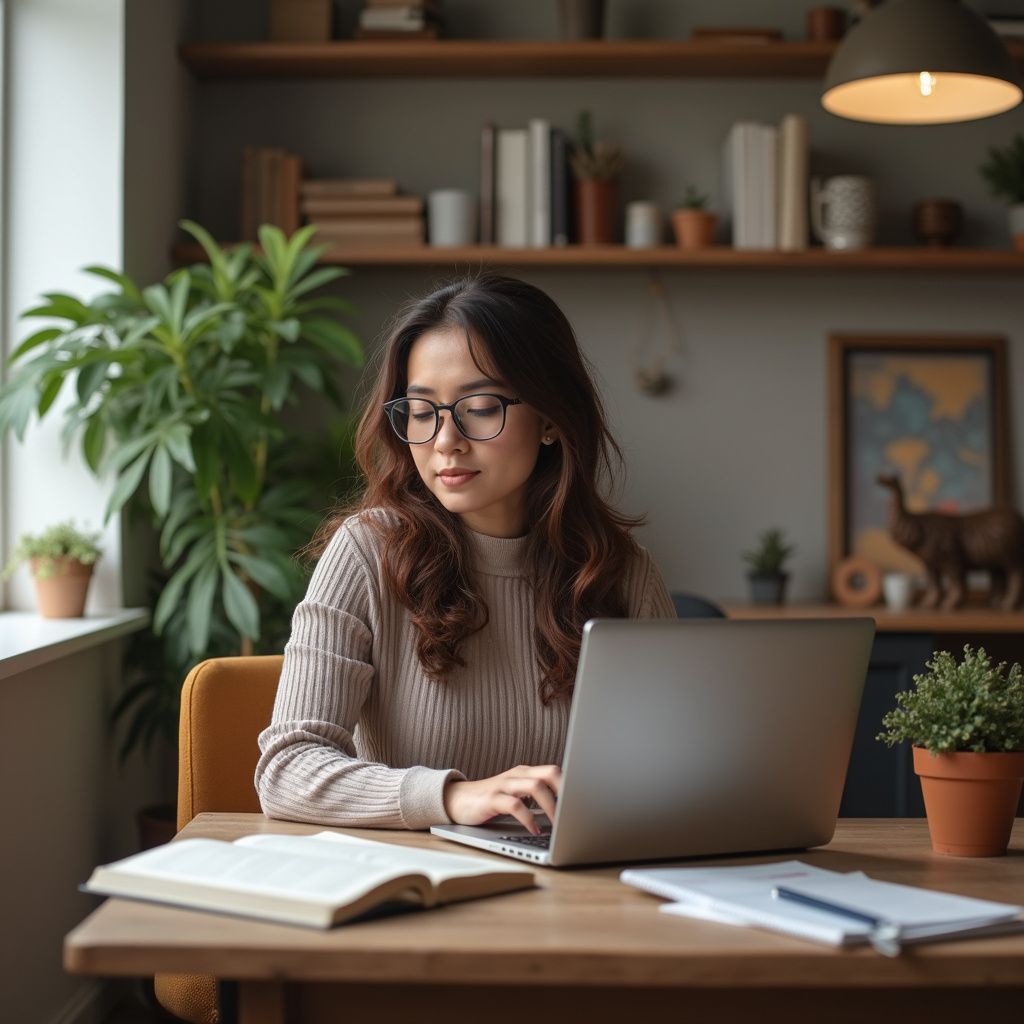 Woman wearing glasses, typing on a laptop at a wooden desk with open book, plants, and shelves in background.