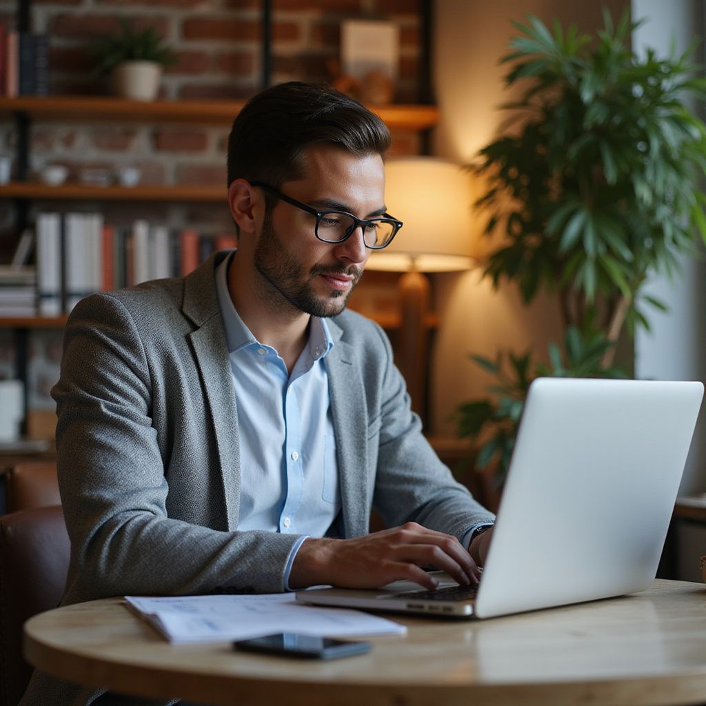 Man in glasses typing on laptop at a table, brick wall and bookshelf in background.
