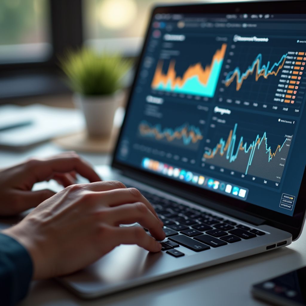 Hands typing on a laptop displaying stock market charts; small plant and phone on a white desk.
