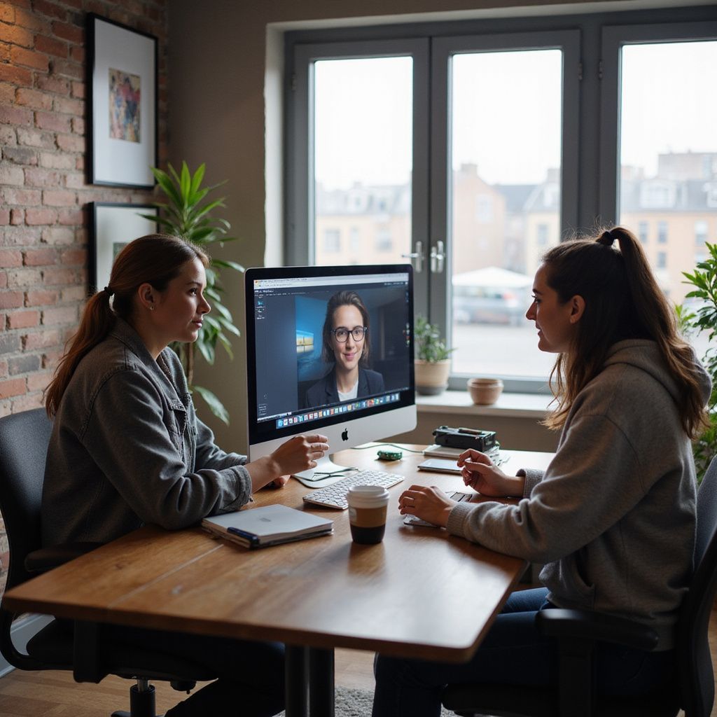 Two people sit at a desk, looking at a computer screen. One person is on a video call.