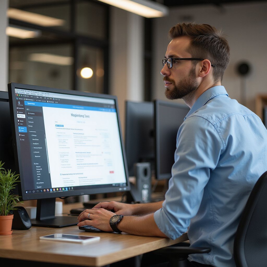 Man in blue shirt, glasses, working at computer in office setting.