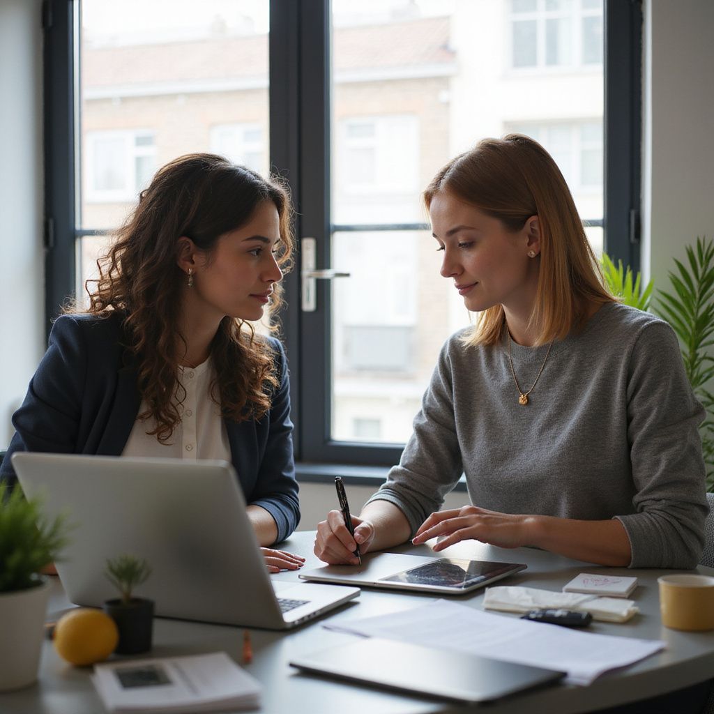 Two women working at a desk, looking at a laptop and tablet, one writing.