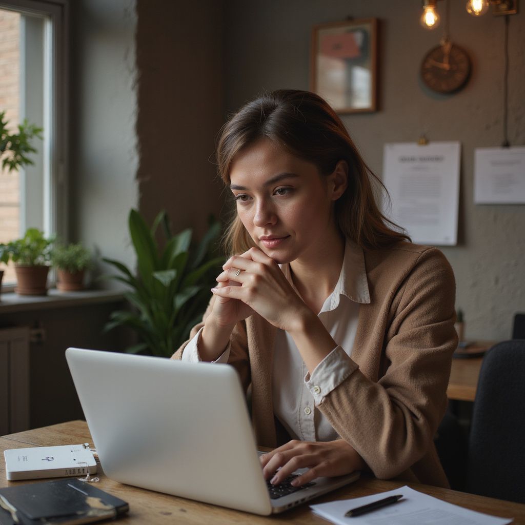Woman in tan blazer working on a laptop at a table, hands on chin, focused.