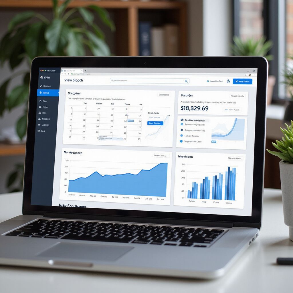 Laptop displaying financial data charts on a table, with plants in the background.