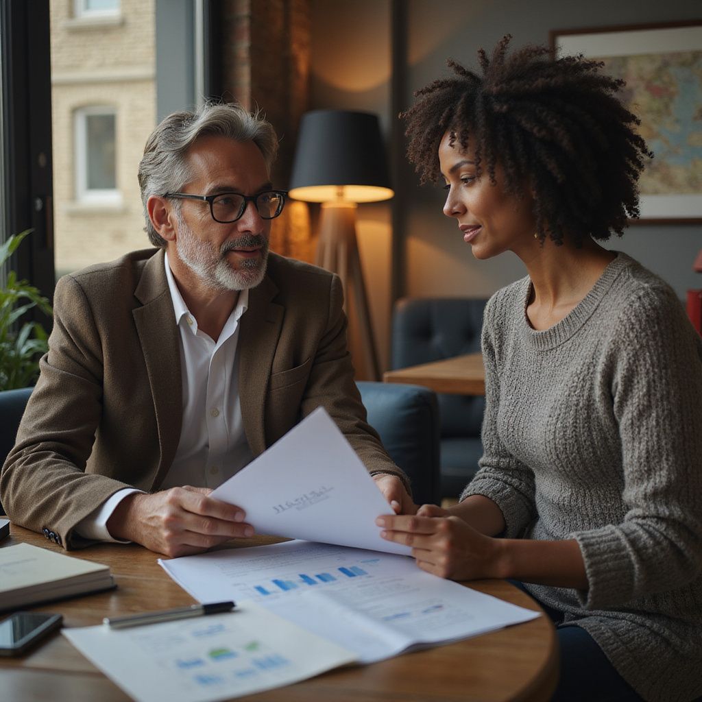 Man and woman at a table.  Light-skinned man wearing glasses and brown jacket, dark-skinned woman in sweater.