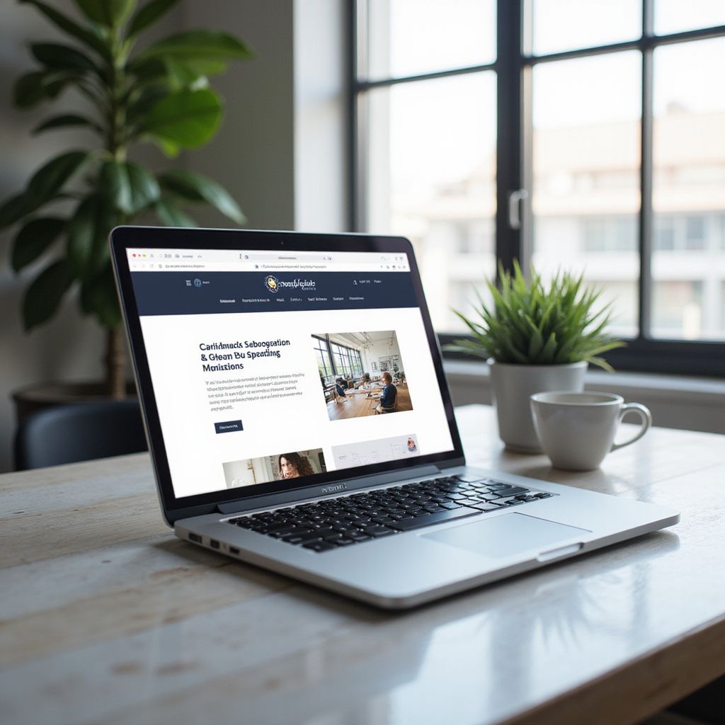 Laptop on desk displaying a website; a plant and coffee cup are next to it.