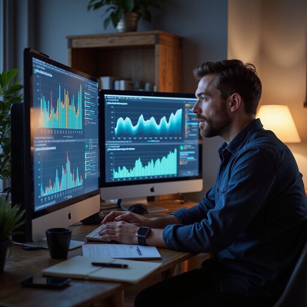 Man working at a desk with two computer monitors displaying data graphs.