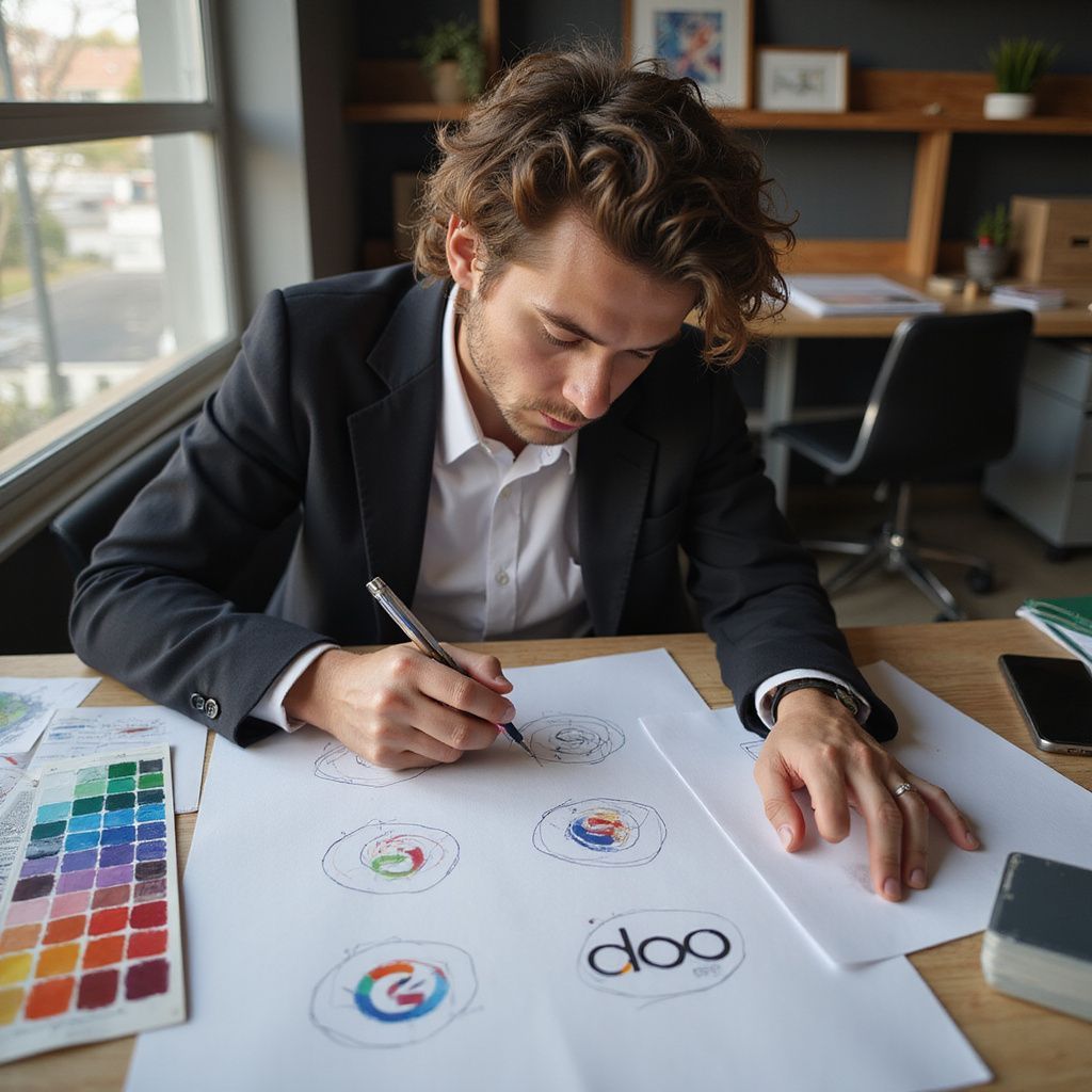 Man in blazer sketching logo designs at a desk with color swatches and a smartphone.