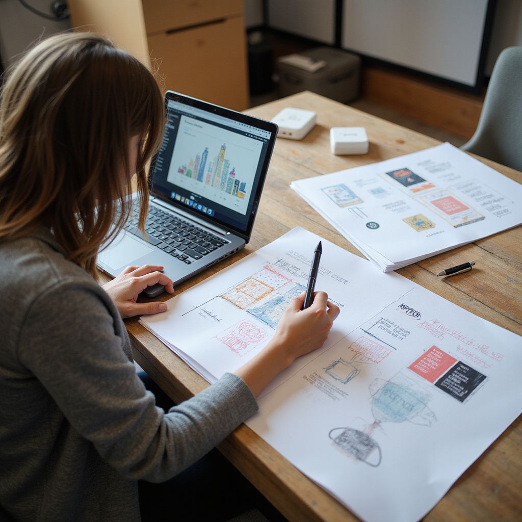 Woman working at table, using laptop and drawing on paper with pen, surrounded by documents.