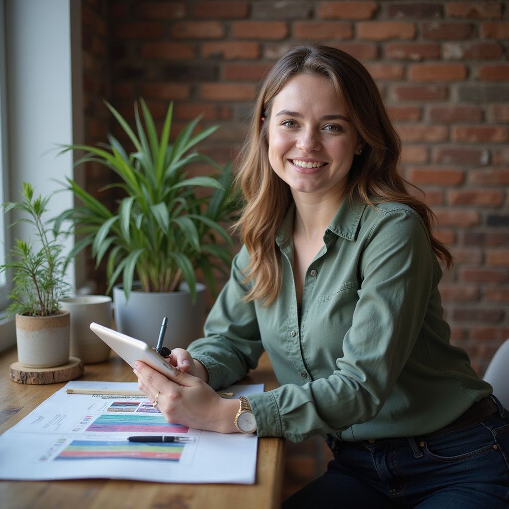 Woman seated at a desk, smiling, holding tablet, with plants, charts, and brick wall in background.