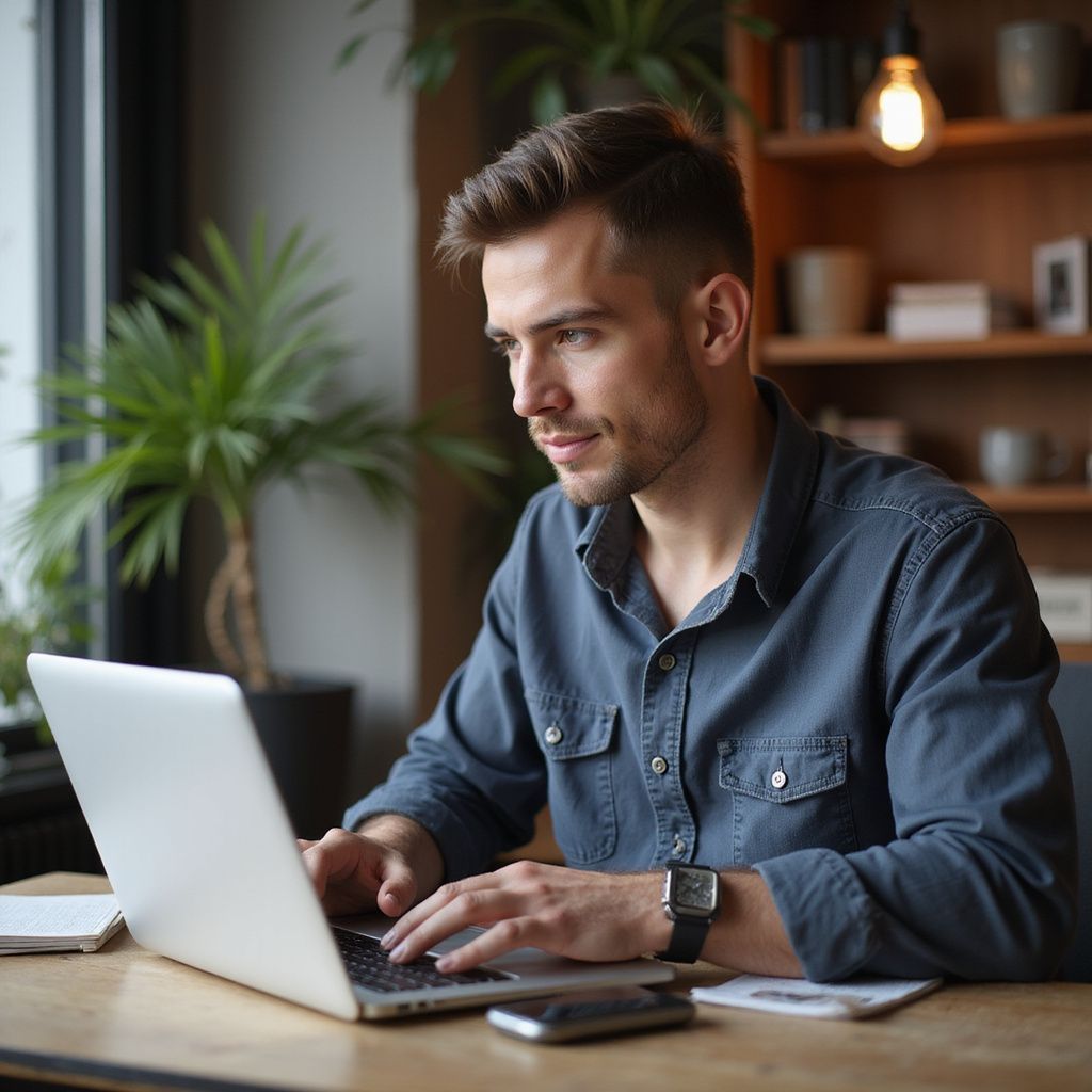 Man in blue shirt working on a laptop at a table with a phone and papers in a well-lit room.