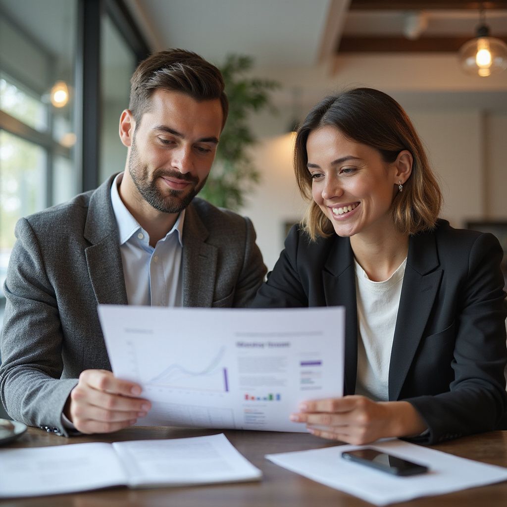 Man and woman reviewing documents, smiling, in a modern office setting.