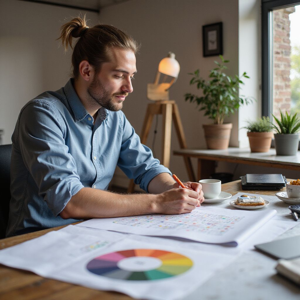 Man with a topknot, writing on architectural plans, color wheel, coffee, and plants at a wooden table near a window.