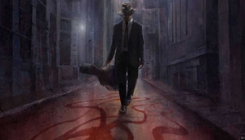 Noir style man carrying a guitar case walking down urban street, blood and tentacles reaching